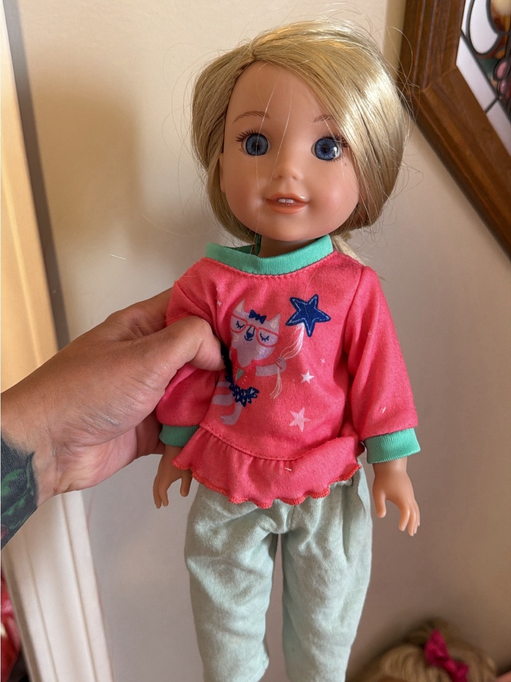 American Girl Pink and Mint Cat Top with Mint Pants Doll Outfit